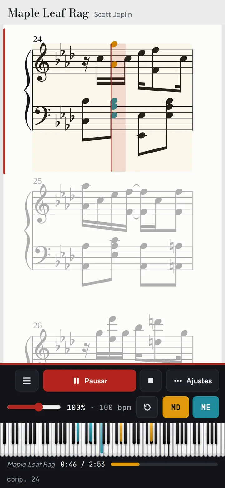 O Partitura Viva no celular, com a partitura e o teclado acendendo as notas.