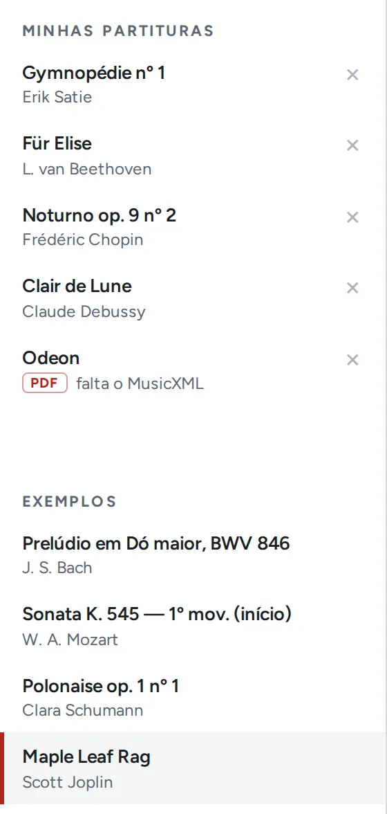 Biblioteca 'Minhas partituras' com várias músicas guardadas e os exemplos do app.