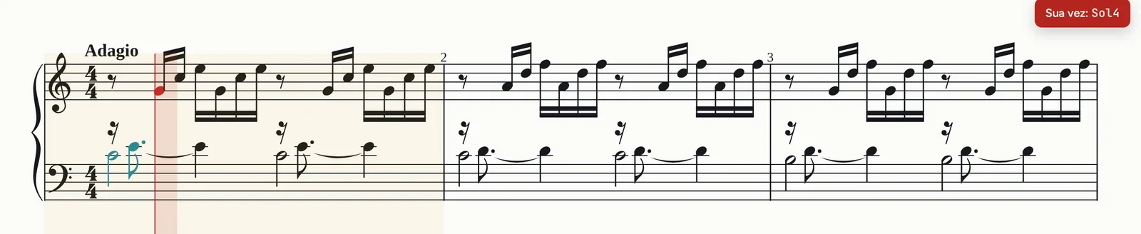 Partitura do Prelúdio em Dó maior de Bach parada no primeiro compasso, com o aviso 'Sua vez: Sol4'.