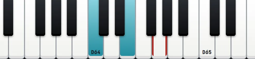 Teclado com a mão esquerda acesa em azul e a tecla Sol4 marcada em vermelho, esperando o aluno tocar.