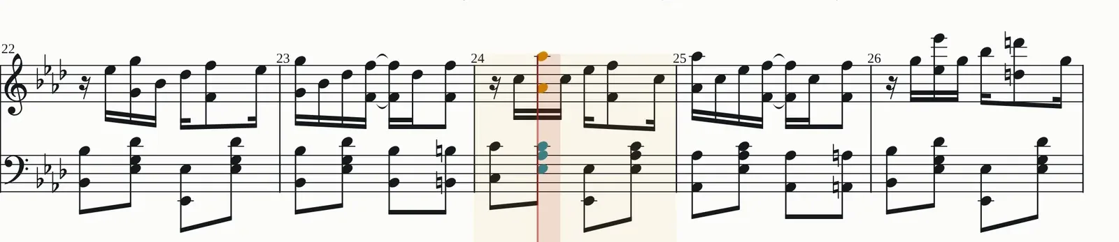 Trecho do Maple Leaf Rag com o compasso 24 destacado, a faixa vermelha marcando o instante que está tocando e essas notas pintadas na partitura.